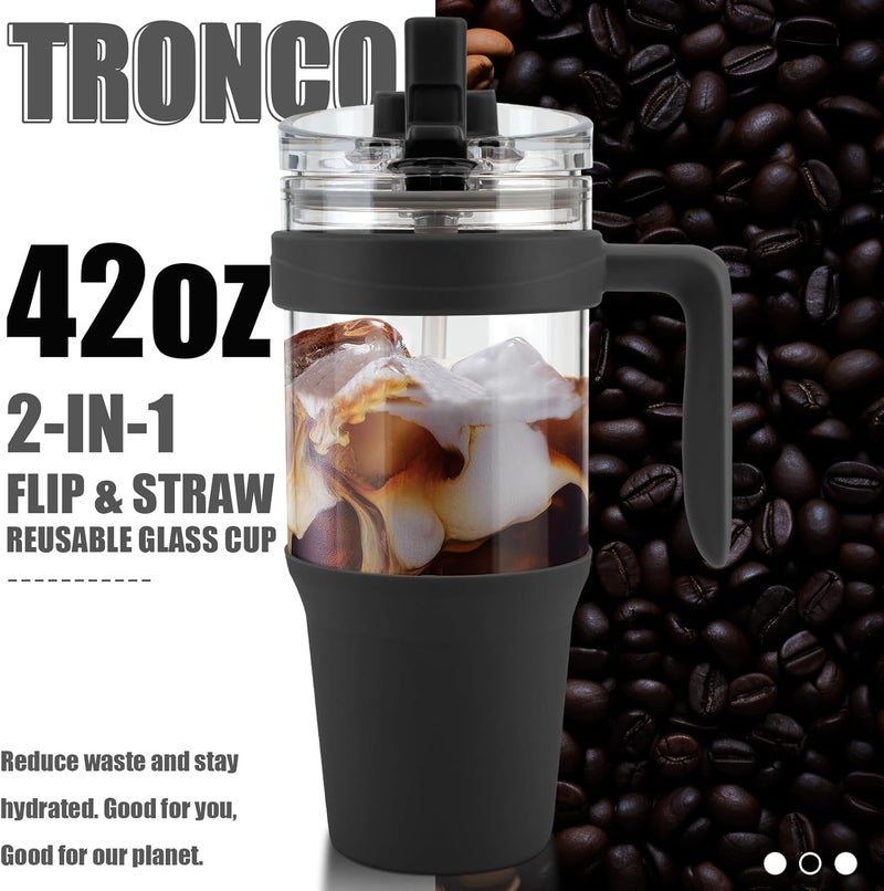 tronco 40 oz Glass Tumbler with Straw and Lid, Leak-proof Flip Straw, Reusable Iced Coffee Cup with Handle, Glass Water Bottles Fits in Cup Holder, Lead-Free, BPA-Free - Image 2