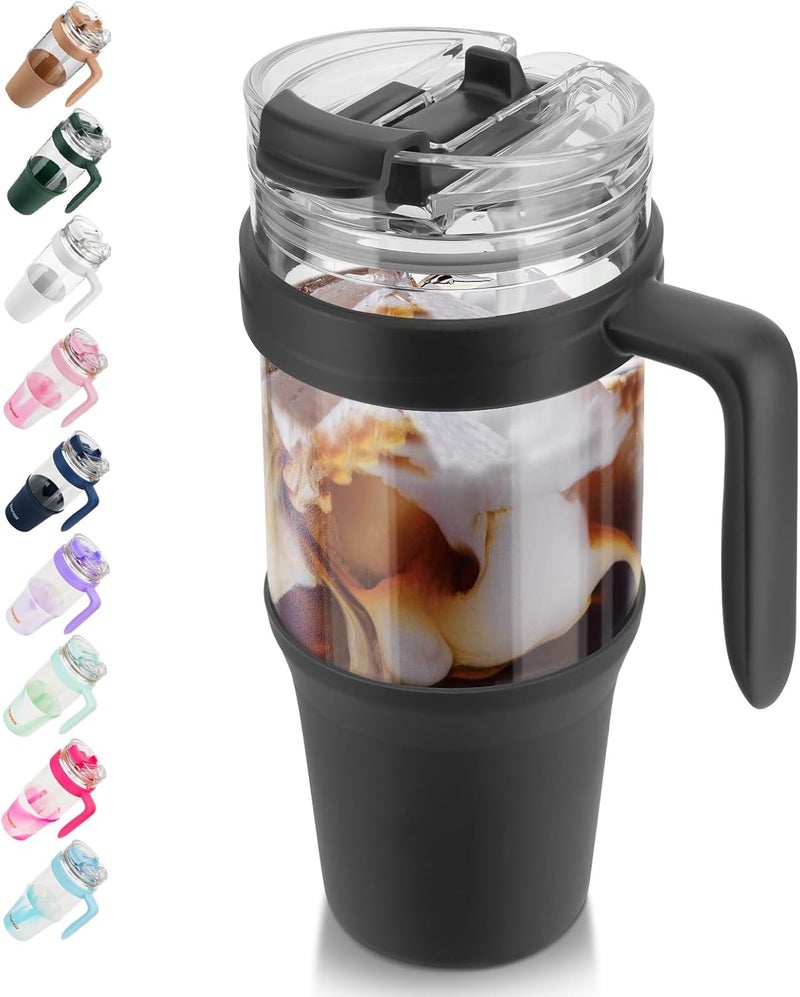 tronco 40 oz Glass Tumbler with Straw and Lid, Leak-proof Flip Straw, Reusable Iced Coffee Cup with Handle, Glass Water Bottles Fits in Cup Holder, Lead-Free, BPA-Free - Image 1