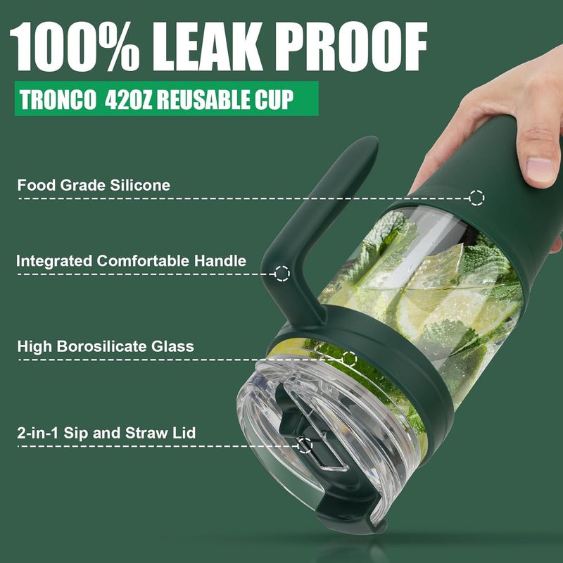 tronco 40 oz Glass Tumbler with Straw and Lid, Leak-proof Flip Straw, Reusable Iced Coffee Cup with Handle, Glass Water Bottles Fits in Cup Holder, Lead-Free, BPA-Free - Image 3