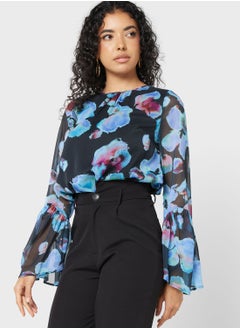 WAREHOUSE Flute Sleeve Printed Top  - Image 1
