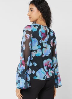 WAREHOUSE Flute Sleeve Printed Top  - Image 2