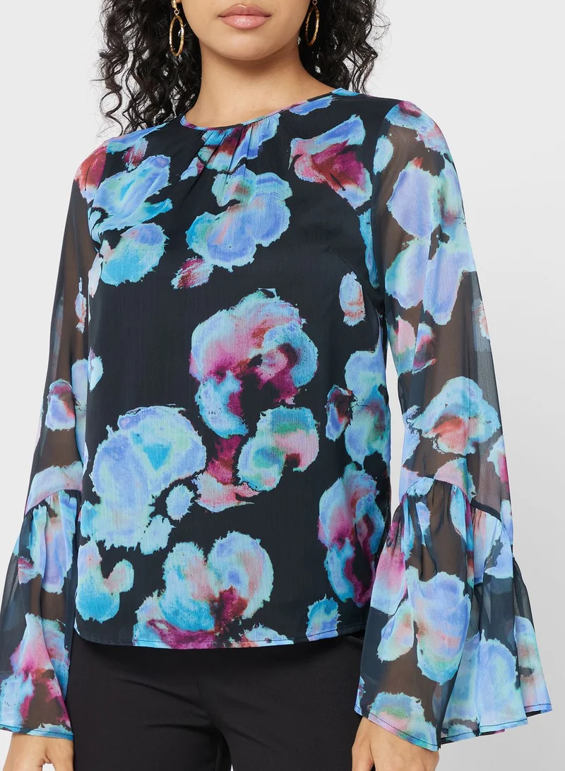WAREHOUSE Flute Sleeve Printed Top