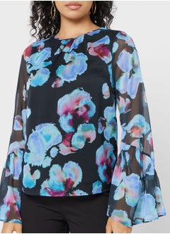 WAREHOUSE Flute Sleeve Printed Top  - Image 3