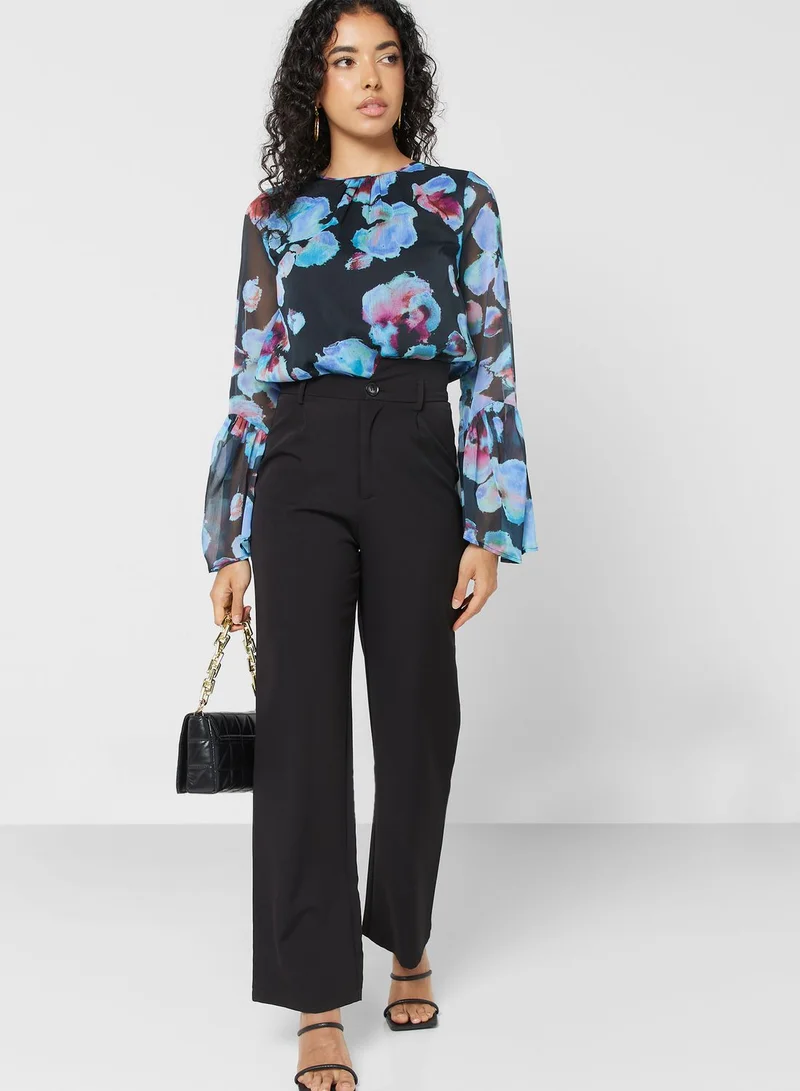 WAREHOUSE Flute Sleeve Printed Top