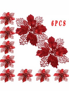 HS Glitter Poinsettia Flowers Artificial, 10 PCS Red Decorations Tree Ornaments For Holiday, Seasonal, Wedding Party Wreath DIY Decors  - Image 1