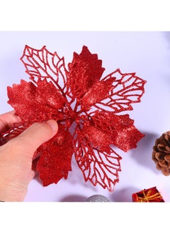 HS Glitter Poinsettia Flowers Artificial, 10 PCS Red Decorations Tree Ornaments For Holiday, Seasonal, Wedding Party Wreath DIY Decors  - Image 4