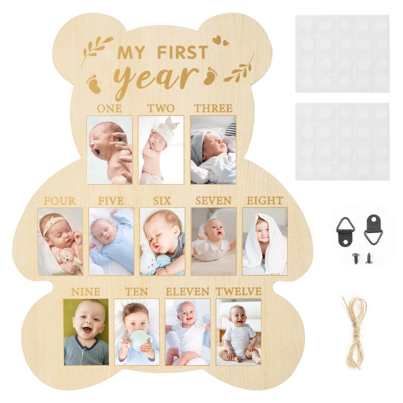 R HORSE R HORSE My First Year Photo Display Wood Board Babys First Year Picture Frame 12 Months Milestone Board Bear Shape Birthday Baby Keepsake Nursery Decor Gift for Boy Girl
