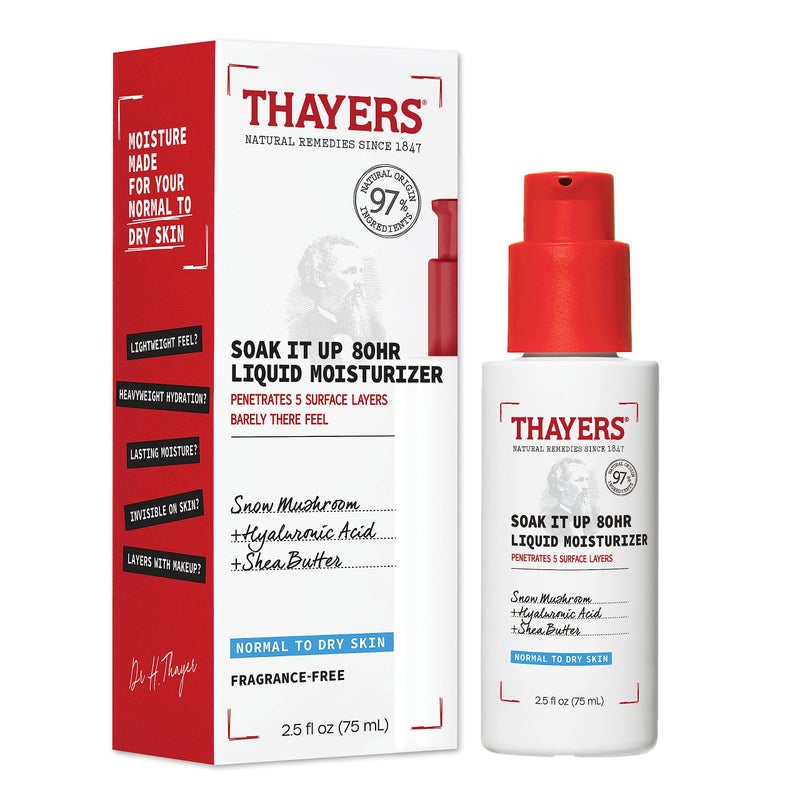 ثايرز سوك إت أب 80 ساعة مرطب سائل للوجه مع حمض الهيالورونيك وفطر الثلج مختبر من قبل أطباء الجلد للعناية بالبشرة للبشرة العادية إلى الجافة 25 أونصة