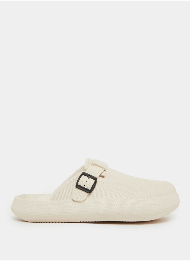 Styli Textured Buckle Embellished Slip On Sandals
