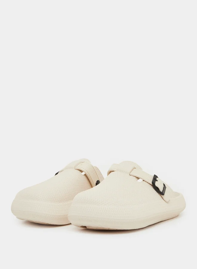 Styli Textured Buckle Embellished Slip On Sandals