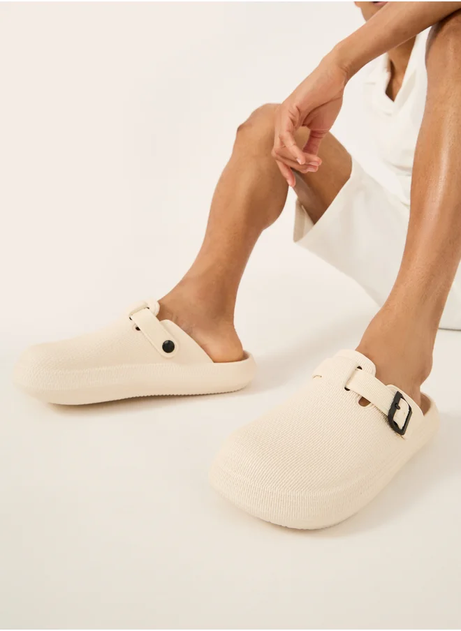 Styli Textured Buckle Embellished Slip On Sandals