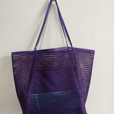Multi-functional Casual Large Shoulder Shopping Bag Outdoor Swimming Beach Bag Breathable Visual Mesh Tote Bag Storage Bag Purple 