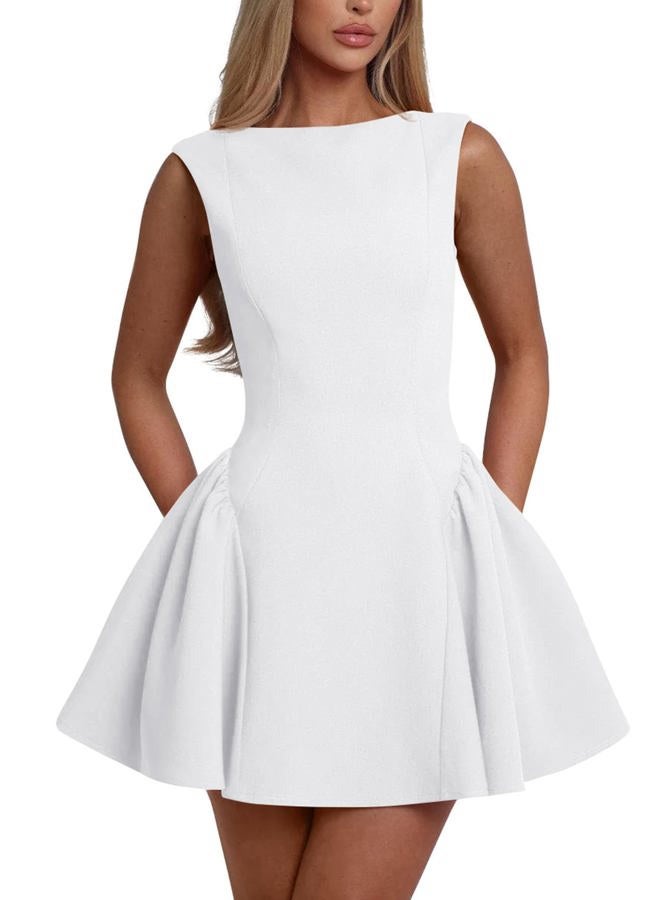 YMDUCH Women's Summer Sleeveless Crew Neck Backless A-line Mini Party Prom Dress, White, L - Image 1