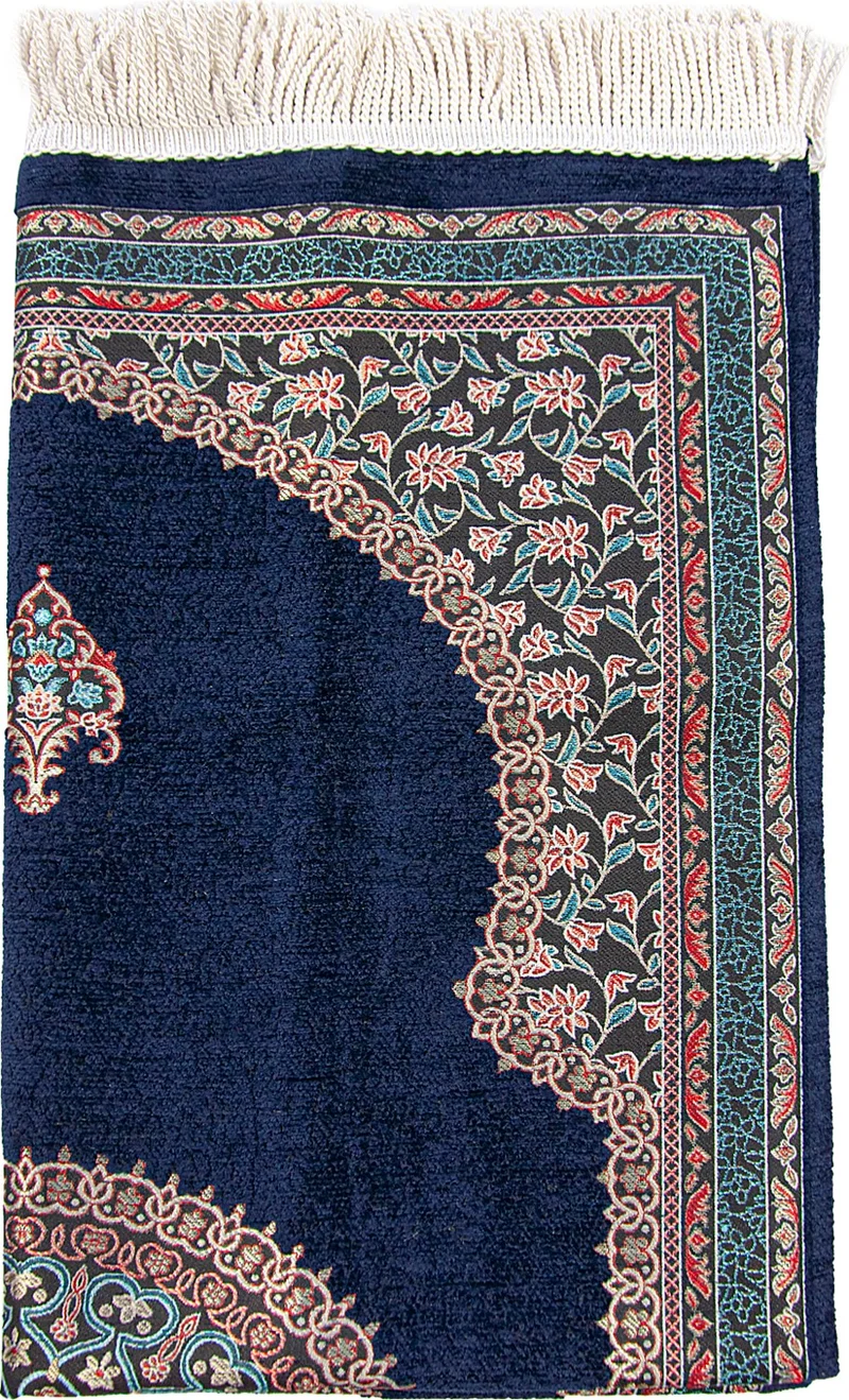 İhvan Online Navy Blue Traditional Motif Knitted Fringed Mihrab Lined Chenille Prayer Rug