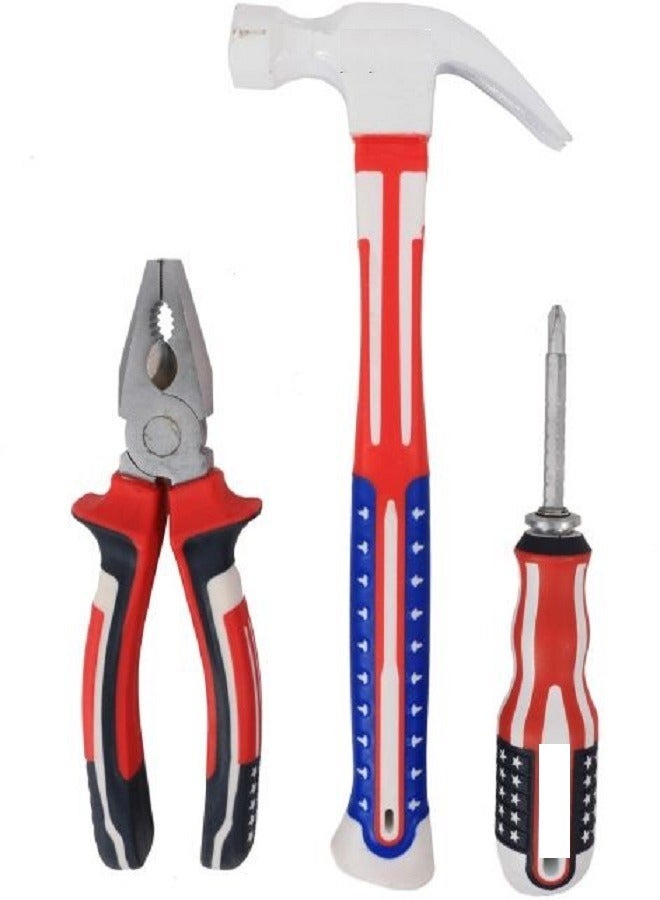 3-Piece Tool Set Plier 8 Inch Hammer  Double-sided Screwdriver Set Colorful 