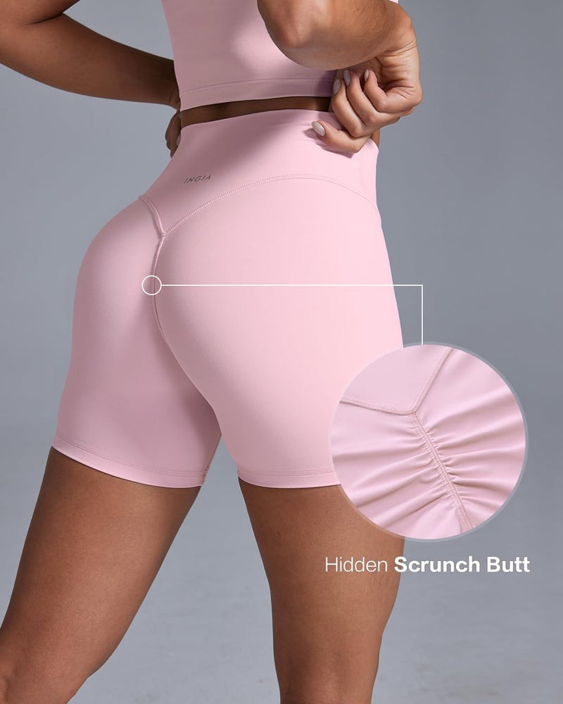 INGIA Womens High Waist No Front Seam Scrunch Butt Biker Shorts 5 Inches V-Back Scrunch Booty Gym Workouts Milk Pink X-Small - Image 5