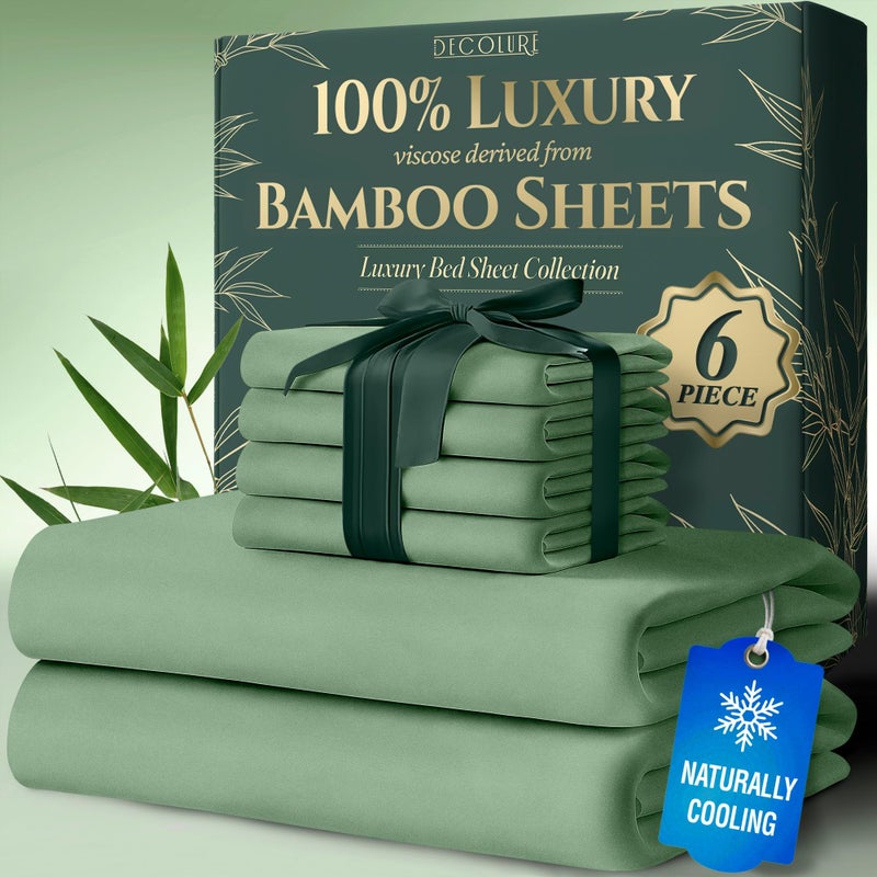DECOLURE 100 Viscose Derived from Bamboo Sheets King Size 6pcs  Ultra Soft  Luxuriously Cooling 17 Deep Pocket Double Stitching Perfect for Hot Sleepers  King Bed Sheets Sage Green