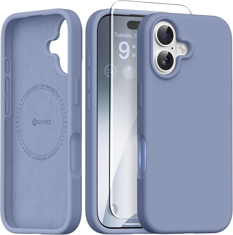GONEZ Magnetic for iPhone 16 Case, Compatible with MagSafe, [Screen Protector + Camera Lens Protector], Liquid Silicone Shockproof Protective Phone Case for iPhone 16 6.1", Lavender Gray - Image 1