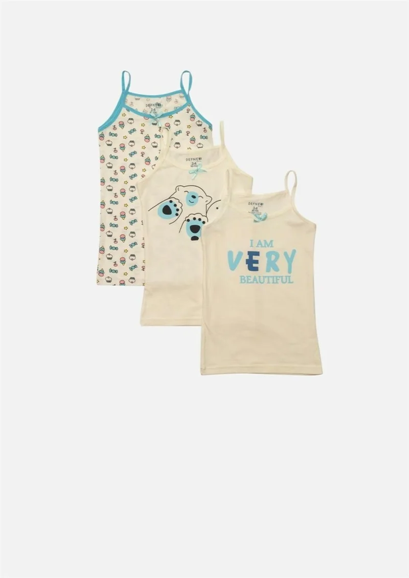 Defne Cute Bear Printed Combed Cotton Elastane Thin Strap Girl 3-Piece Undershirt Set
