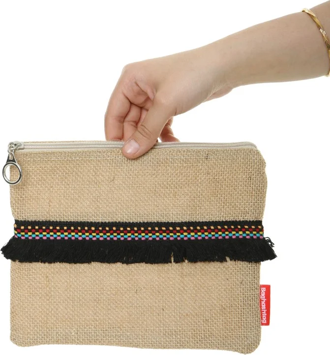 Baghashtag Black Tasseled Colorful Dotted Jute Clutch Cloth Bag