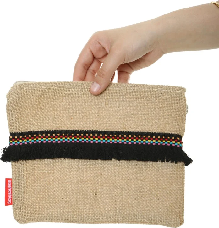 Baghashtag Black Tasseled Colorful Dotted Jute Clutch Cloth Bag