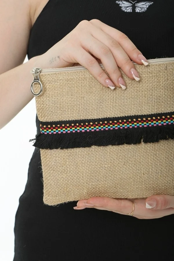 Baghashtag Black Tasseled Colorful Dotted Jute Clutch Cloth Bag