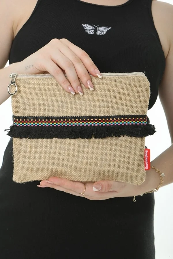 Baghashtag Black Tasseled Colorful Dotted Jute Clutch Cloth Bag