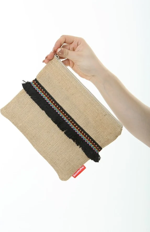 Baghashtag Black Tasseled Colorful Dotted Jute Clutch Cloth Bag