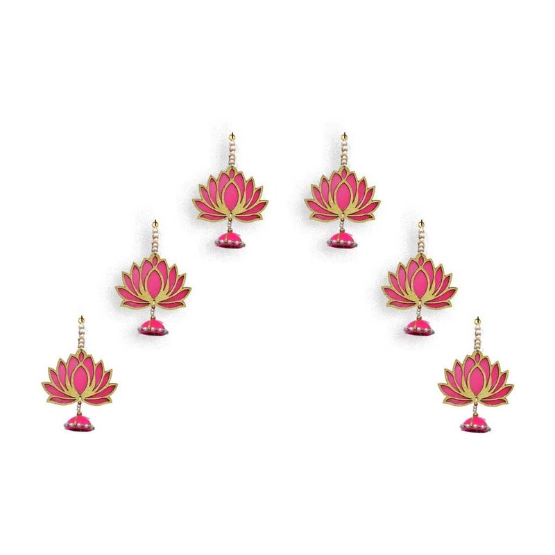 CraftVatika CraftVatika Pack of 6 Lotus Hangings Latkans Wall Decor Items for Decoration Set MDF Pack of 6 Handmade Lotus Jhumki for Wedding Temple Diwali Decorations Golden 6 Pieces - Image 2