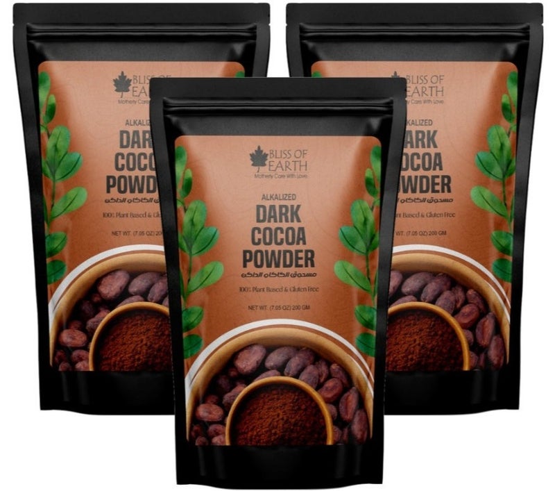 Bliss of Earth Dark Cocoa Powder 200g (Pack of 3) | Alkalized Unsweetened Cocoa Powder | Pure Baking Cocoa for Cakes, Brownies & Hot Chocolate | Vegan & Keto Friendly - Image 1