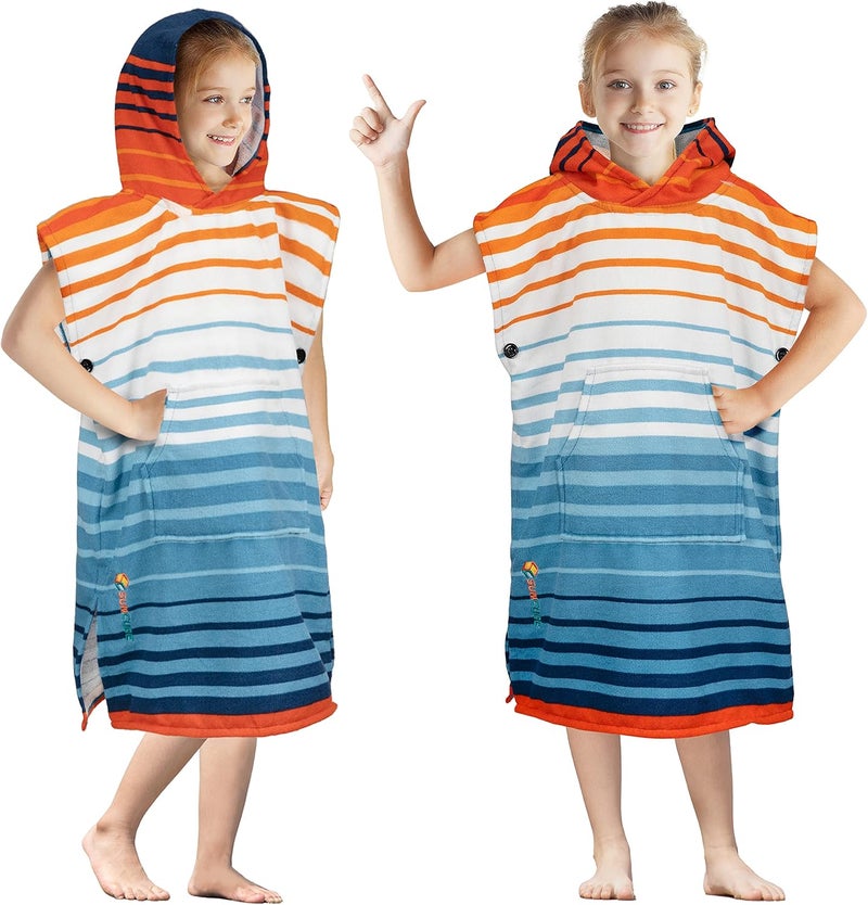 Suncube Kids Changing Robe Surf Poncho, Kids Beach Towels, Hooded Towel For Toddler Bath Pool, Microfiber Quick Dry Wearable Towel Poncho with Hood, Swim Towel for Boys Girls 3-7 Years, Orange Stripe - Image 1