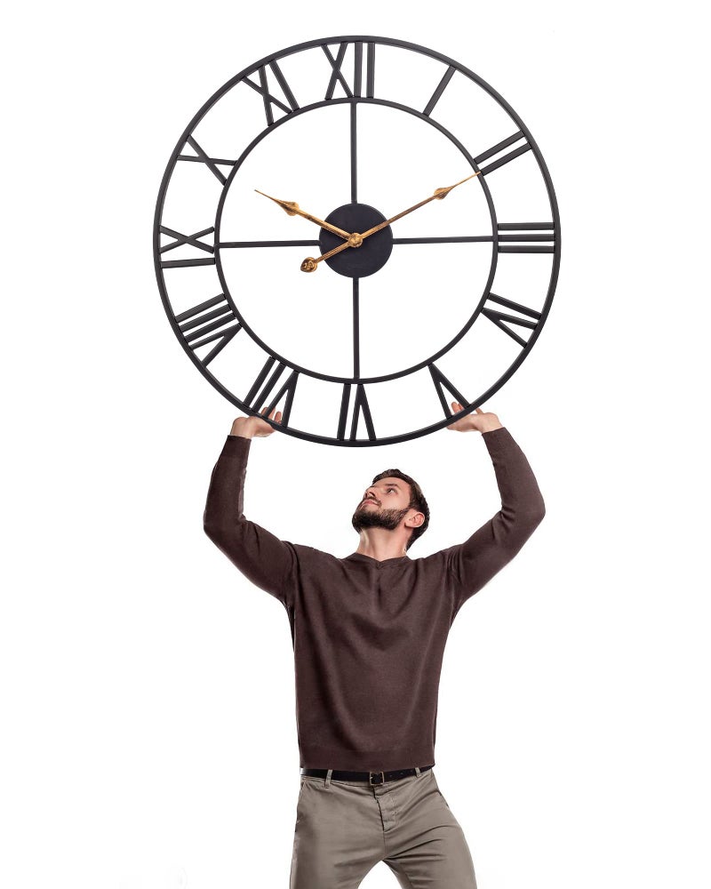 SkyNature SkyNature Large 30 Inch Industrial Decorative Roman Numeral Wall Clock Black Metal Silent Battery Operated Vintage Indoor Outdoor Metal Clock for Living Room Bedroom Kitchen Patio 