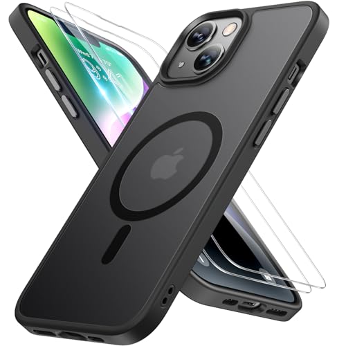 Miracase Magnetic for iPhone 14 Case 6.1 inch (Compatible with MagSafe)（with 2X Screen Protectors） Military-Grade Protection, Anti-Fingerprint Translucent Matte Phone Case Cover, Black - Image 1