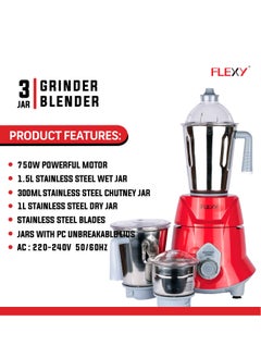 Flexy Flexy 750W 3-in-1 Kitchen Grinder and Blender Combo in Red - Made in India Ideal for Drinks, Smoothies, Juices, and Shakes  - Image 2