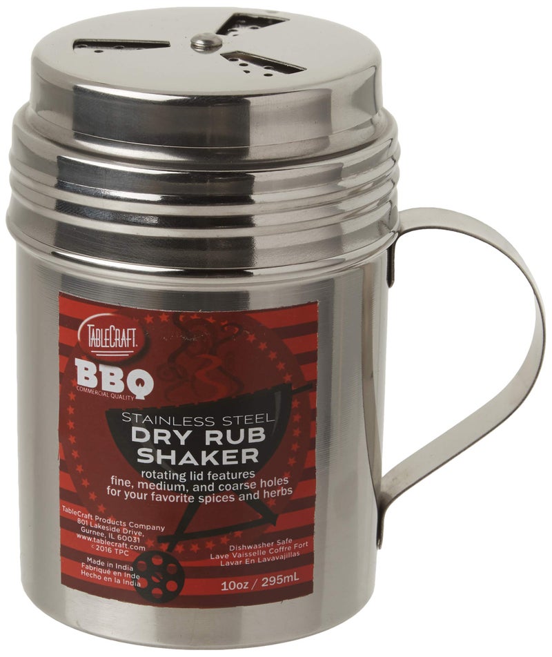 Tablecraft 10 oz Silver Stainless Steel Dry Rub Shaker with Handle 10Ounce