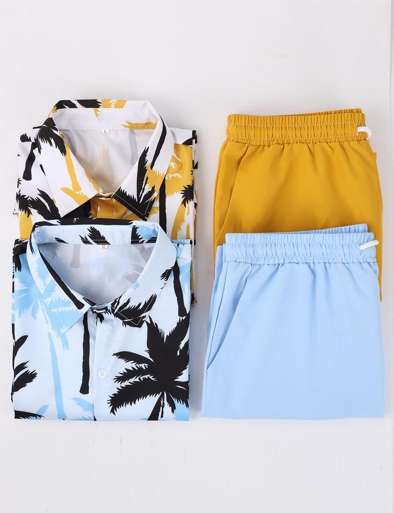Yimoon Men's Summer 2 Piece Outfits Tropical Print Short Sleeve Button Down Hawaiian Beach Shirt and Shorts Set(Blue-L) - Image 4