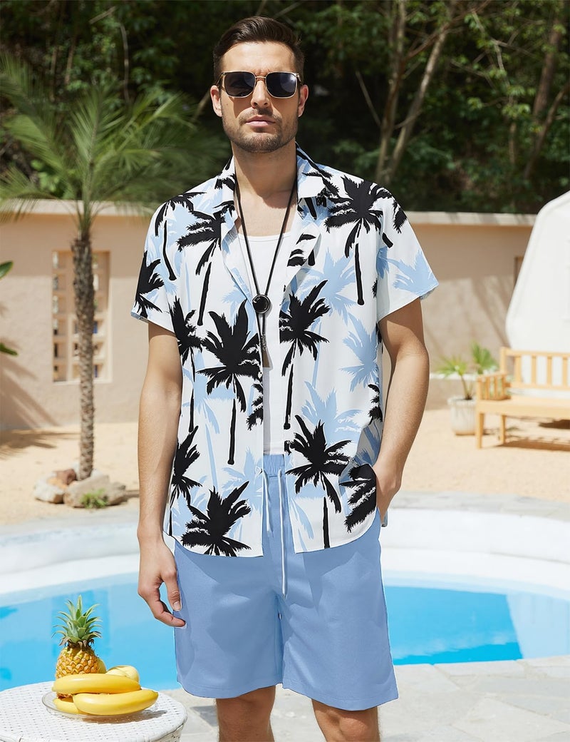 Yimoon Men's Summer 2 Piece Outfits Tropical Print Short Sleeve Button Down Hawaiian Beach Shirt and Shorts Set(Blue-L) - Image 2