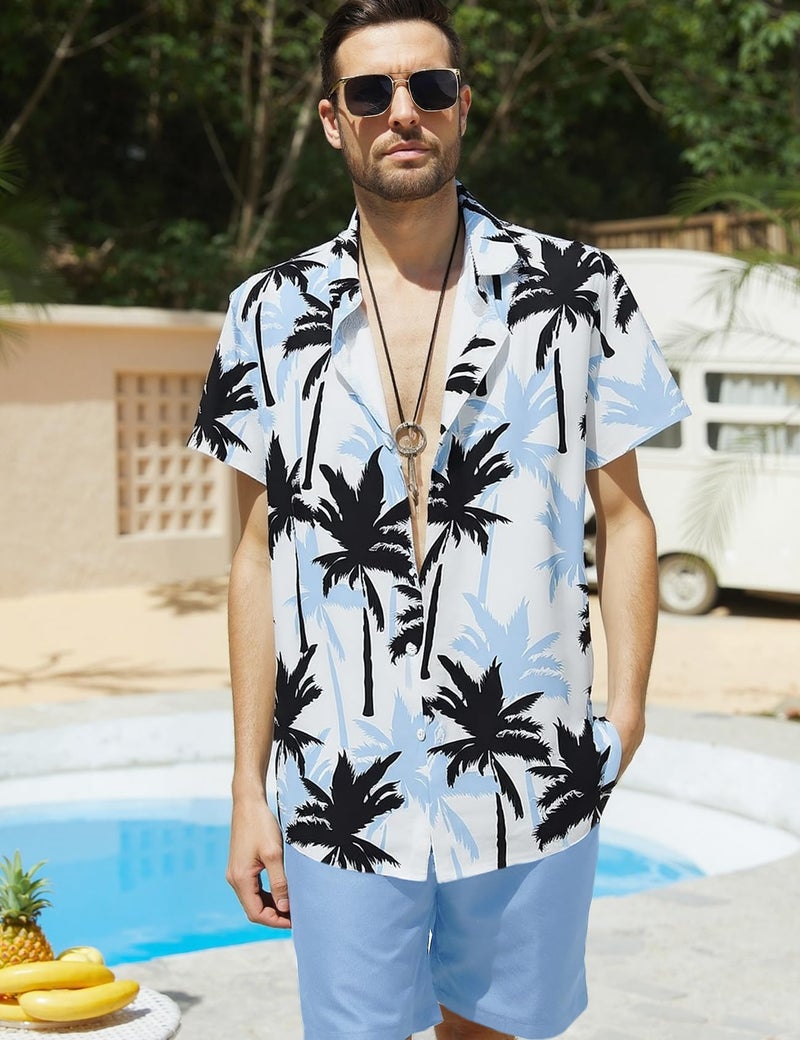 Yimoon Men's Summer 2 Piece Outfits Tropical Print Short Sleeve Button Down Hawaiian Beach Shirt and Shorts Set(Blue-L) - Image 3