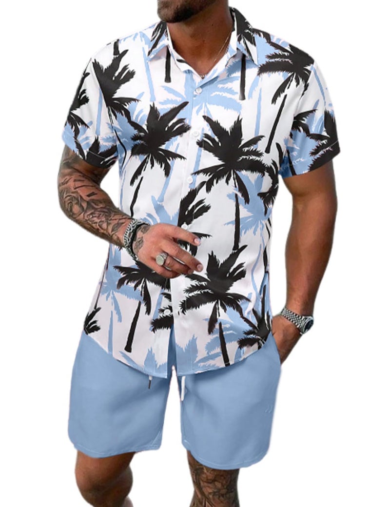 Yimoon Men's Summer 2 Piece Outfits Tropical Print Short Sleeve Button Down Hawaiian Beach Shirt and Shorts Set(Blue-L) - Image 1