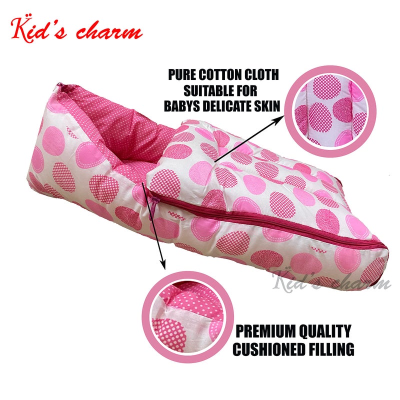 Kid's Charm حقيبة نوم الأطفال القابلة للحمل 3 في 1 من القطن - حقيبة نوم مطبوعة للأطفال - سرير محمول للرضع - عش للنوم المشترك - مفروشات أطفال غير محددة الجنس للمواليد الجدد من 0-8 أشهر (وردي بيضاوي) - Image 2