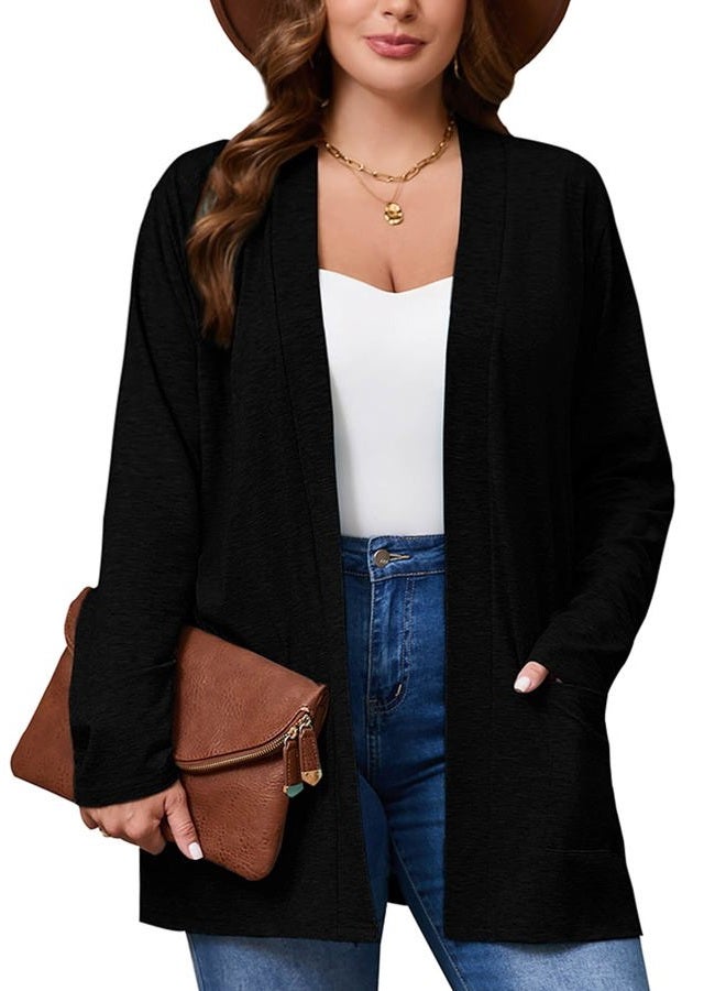 AusLook Women's Plus Size Lightweight Open Front Cardigan Long Sleeve Cover Ups Shrugs Shawls and Wraps Kimono Jacket, B01-black, 4X - Image 1