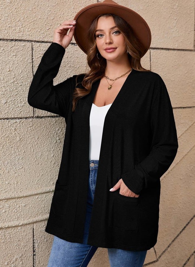 AusLook Women's Plus Size Lightweight Open Front Cardigan Long Sleeve Cover Ups Shrugs Shawls and Wraps Kimono Jacket, B01-black, 4X - Image 2