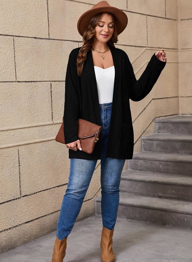 AusLook Women's Plus Size Lightweight Open Front Cardigan Long Sleeve Cover Ups Shrugs Shawls and Wraps Kimono Jacket, B01-black, 4X - Image 5