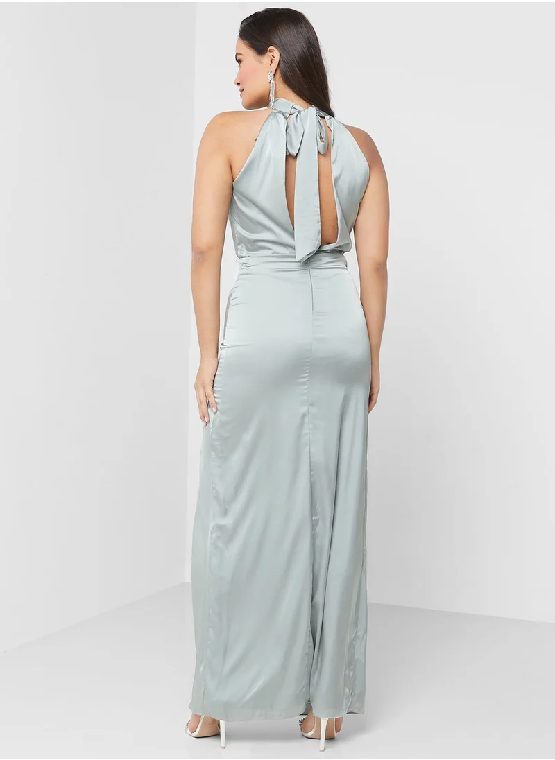 TFNC Halter Neck Cut Out Back Side Slit Dress
