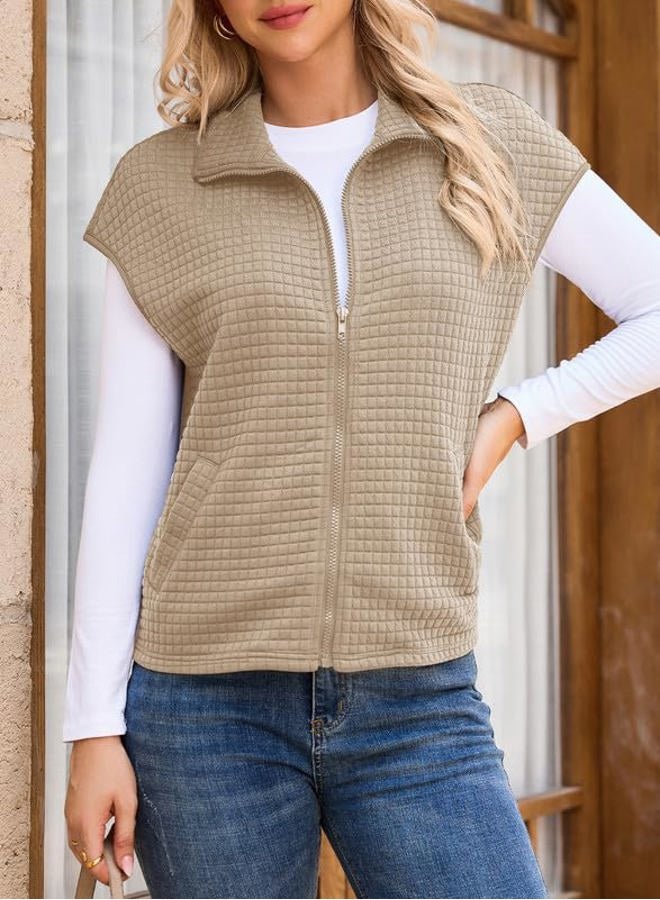 Dokotoo Womens Vest Tops 2025 Zipper Up Cap Sleeve Side Pockets Waffle Knit Sleeveless Oversized Sweatshirts, Khaki, XL - Image 4