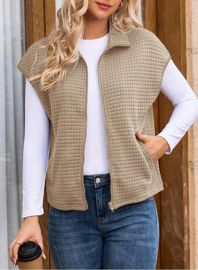 Dokotoo Womens Vest Tops 2025 Zipper Up Cap Sleeve Side Pockets Waffle Knit Sleeveless Oversized Sweatshirts, Khaki, XL - Image 3