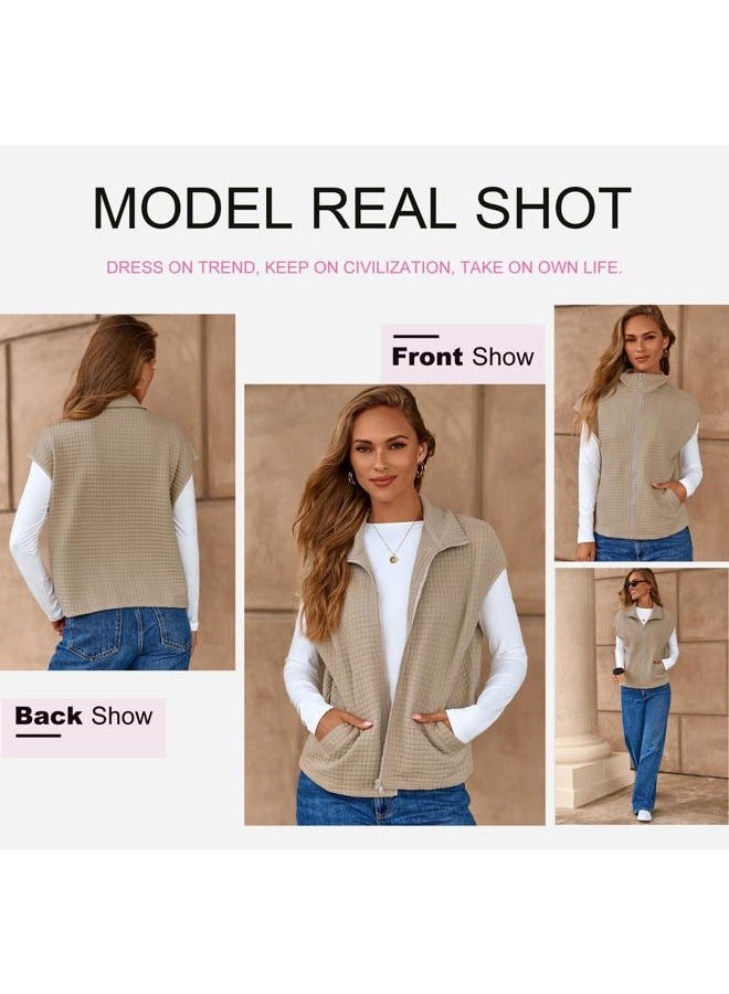 Dokotoo Womens Vest Tops 2025 Zipper Up Cap Sleeve Side Pockets Waffle Knit Sleeveless Oversized Sweatshirts, Khaki, XL - Image 5