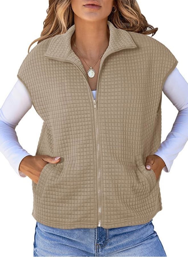 Dokotoo Womens Vest Tops 2025 Zipper Up Cap Sleeve Side Pockets Waffle Knit Sleeveless Oversized Sweatshirts, Khaki, XL - Image 1