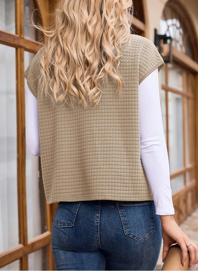 Dokotoo Womens Vest Tops 2025 Zipper Up Cap Sleeve Side Pockets Waffle Knit Sleeveless Oversized Sweatshirts, Khaki, XL - Image 2