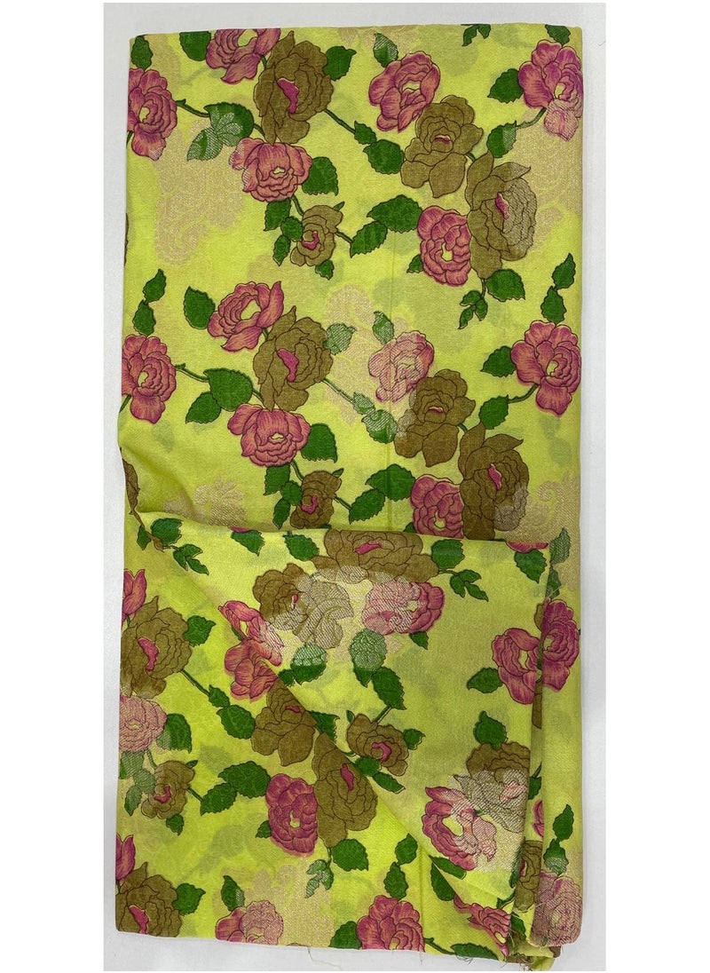 ANOHI TEXTILES - Banarasi Saree Silk Fabric Printed Flower Design Light Yellow Color - Image 1